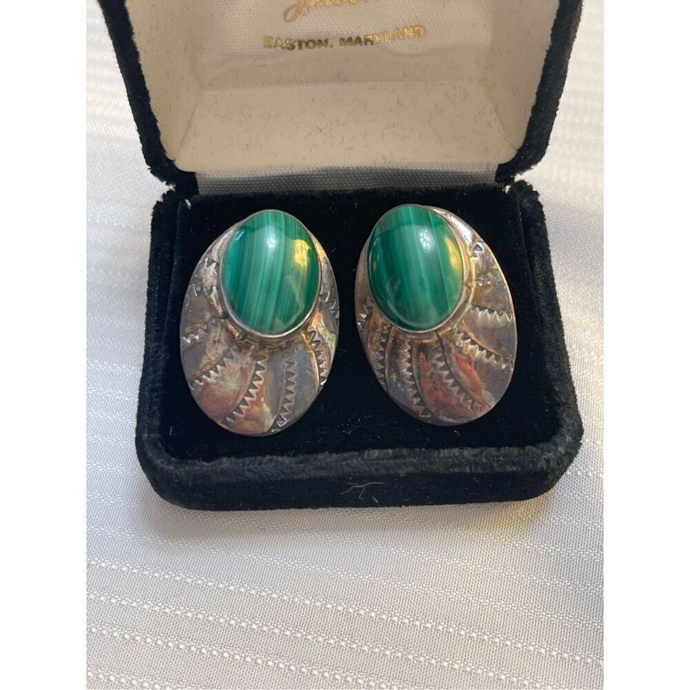 Vintage Sterling Silver Navajo Malachite S.J. 87 Earrings